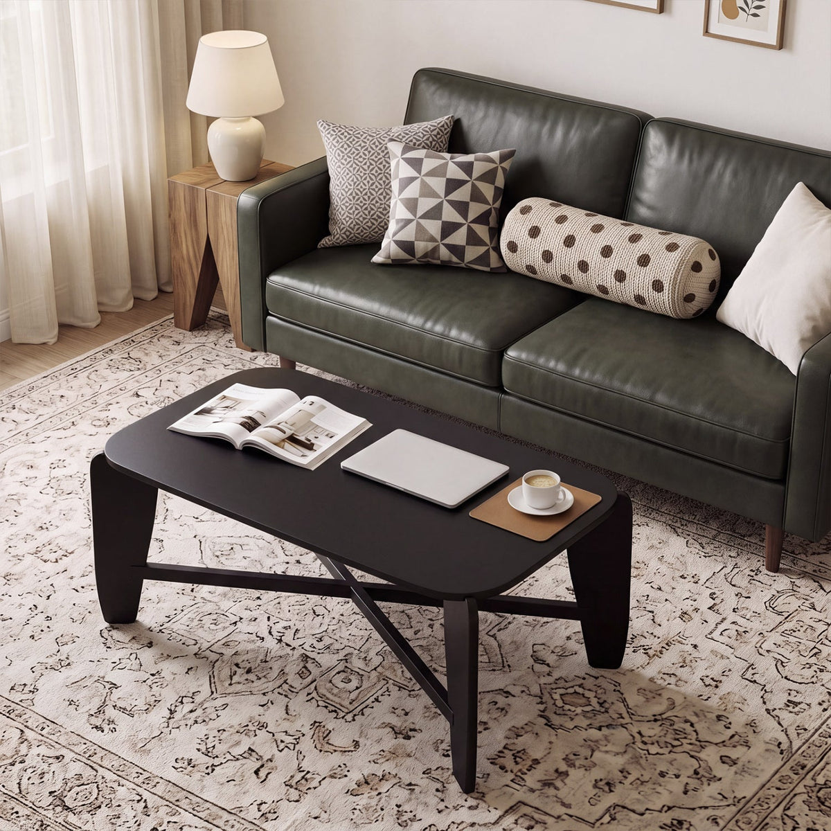 Rectangular coffee table by DirectDeals with rubber wood cross-leg base in black finish on Tampa Home & Garden Store