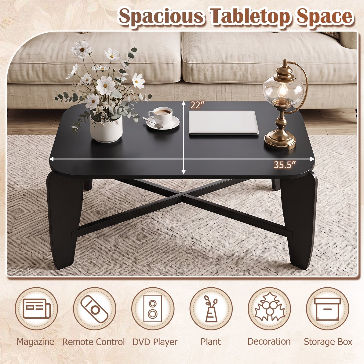Rectangular coffee table by DirectDeals, black rubber-wood cross-leg base on Tampa Home & Garden Store