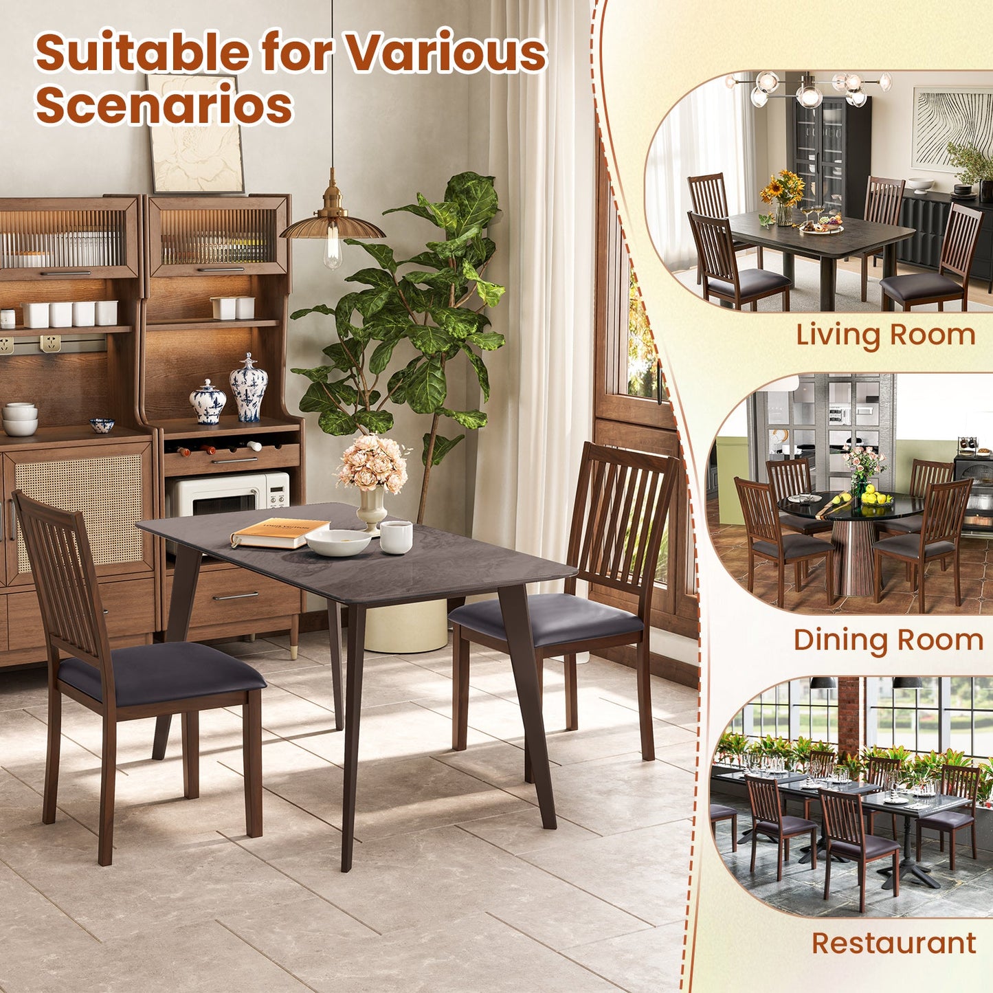Upholstered Modern Dining Chair Set of 2 with Slanted High Backrest-Brown