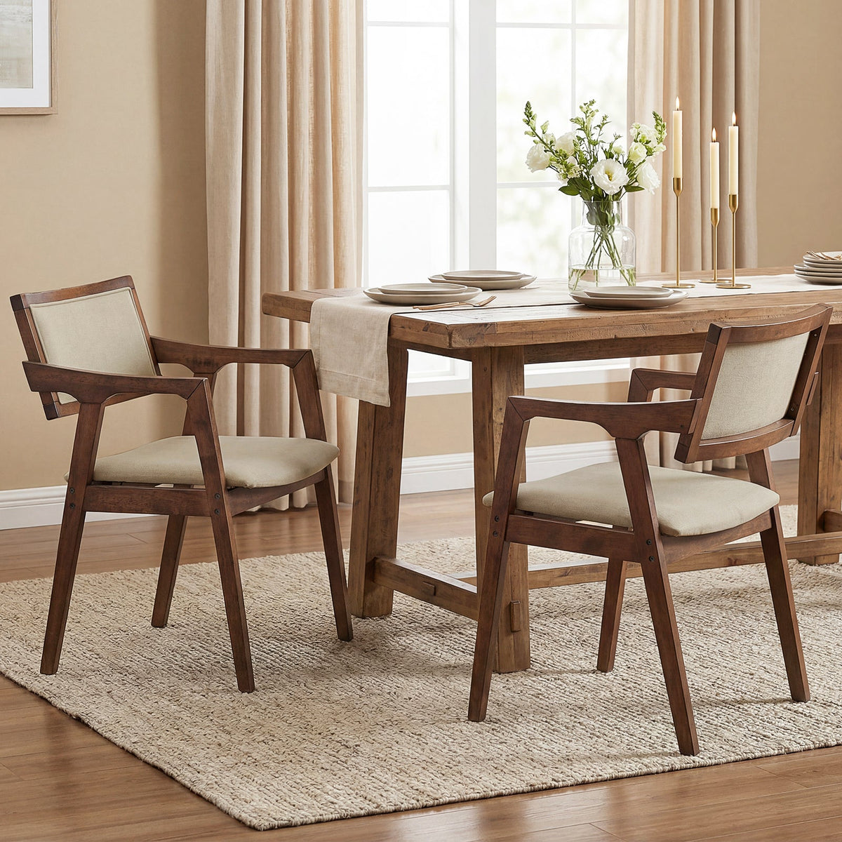 Dining chairs set of 2 with arms beige fabric, rubber wood frame DirectDeals on Tampa Home & Garden Store