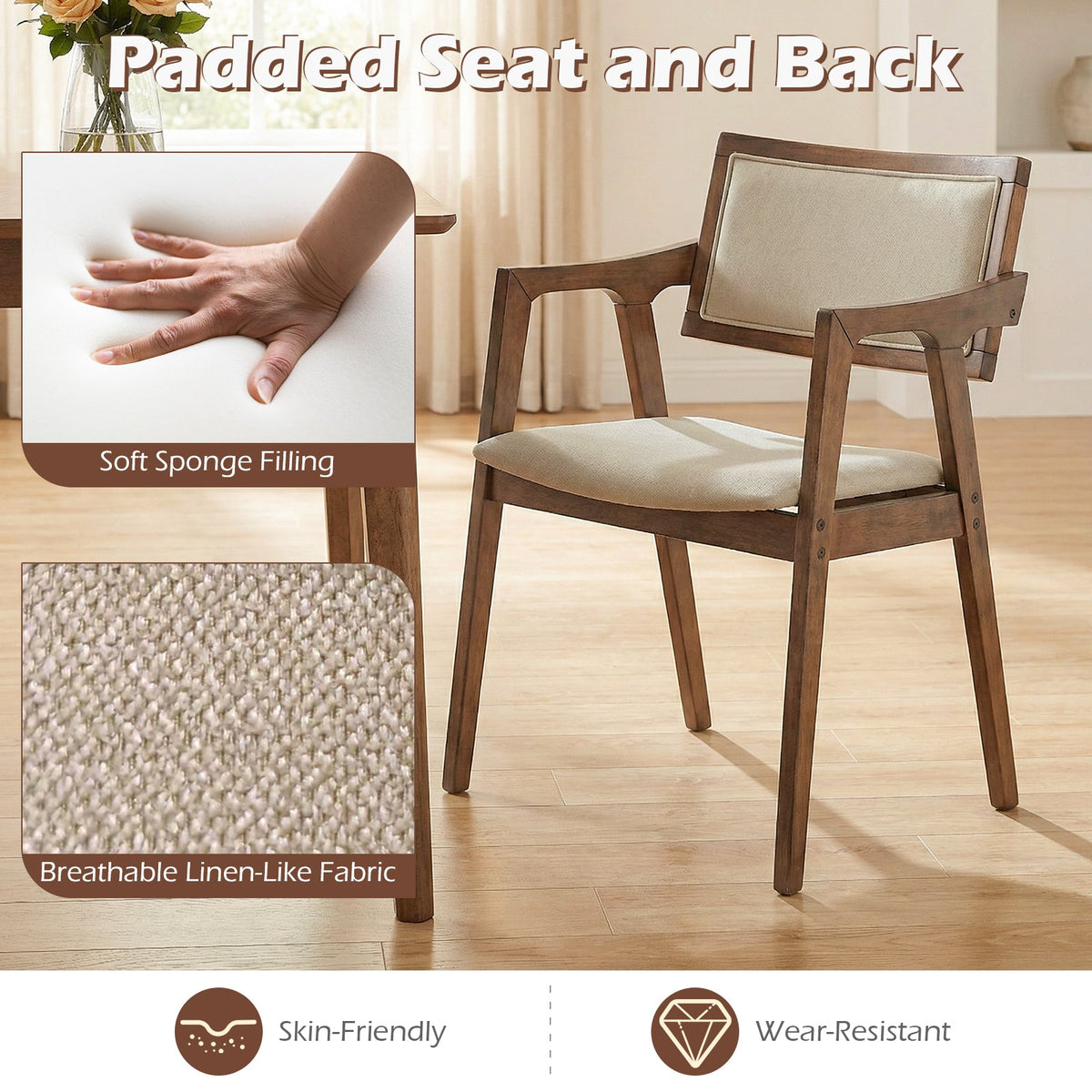 Modern fabric upholstered rubber wood dining chairs set of 2 with arms in beige on Tampa Home & Garden Store