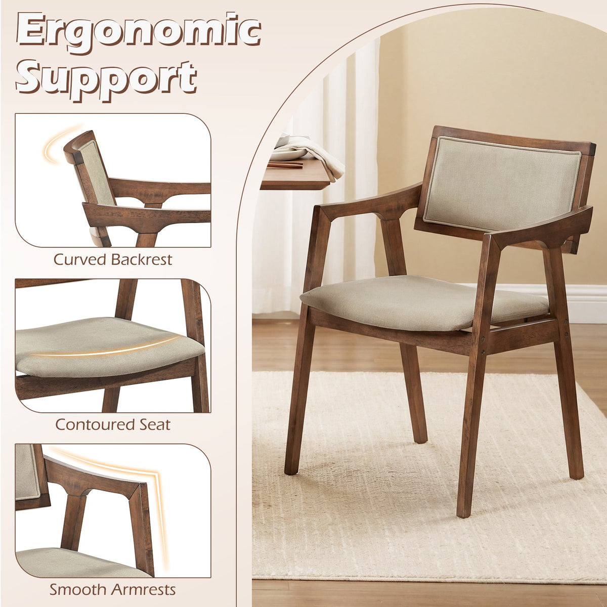DirectDeals beige fabric upholstered rubber wood dining chairs set 2 with arms, curved backrest on Tampa Home & Garden Store