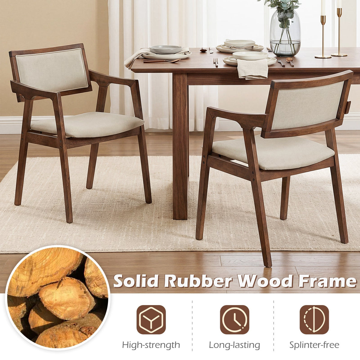 Modern Fabric Upholstered Rubber Wood Dining Chairs with Arms in beige, set of 2 on Tampa Home & Garden Store