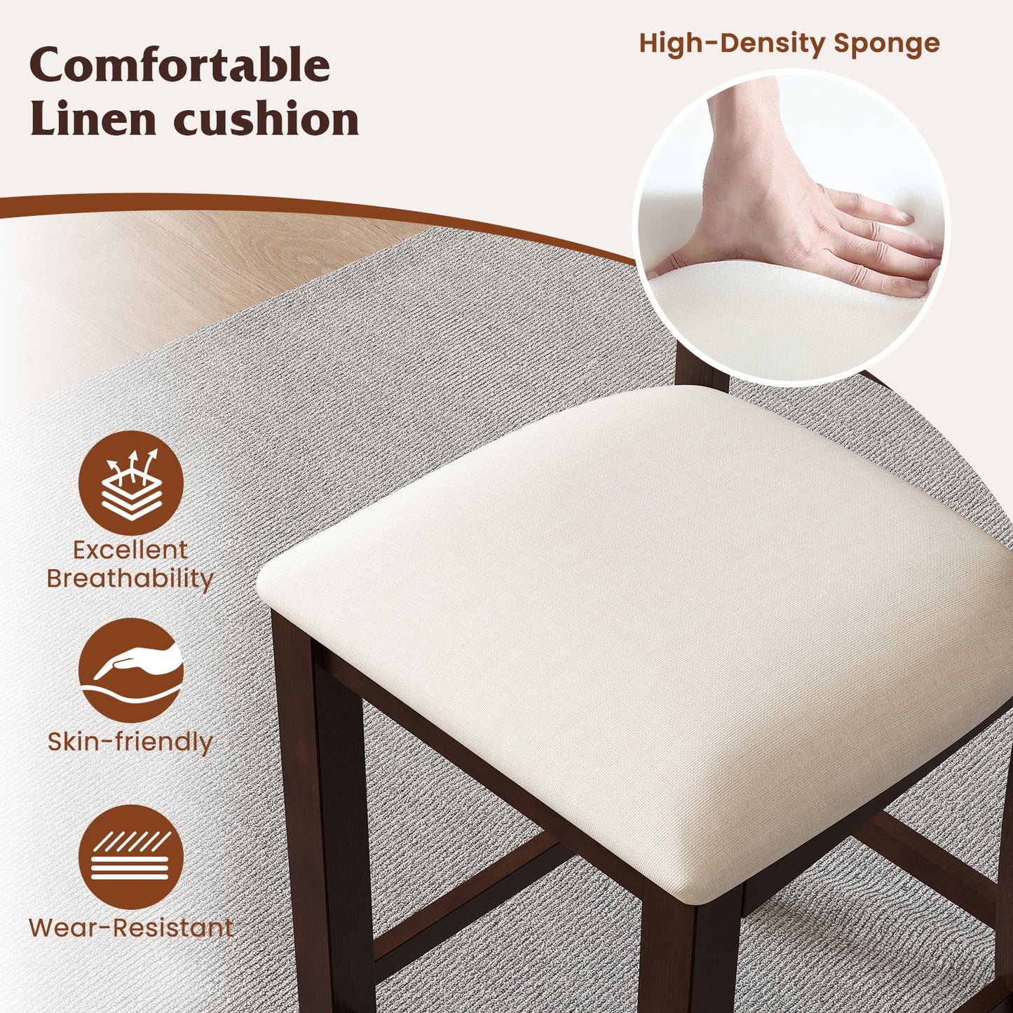 Modern Farmhouse Counter Height Stools with Footrest and Cushion-Walnut