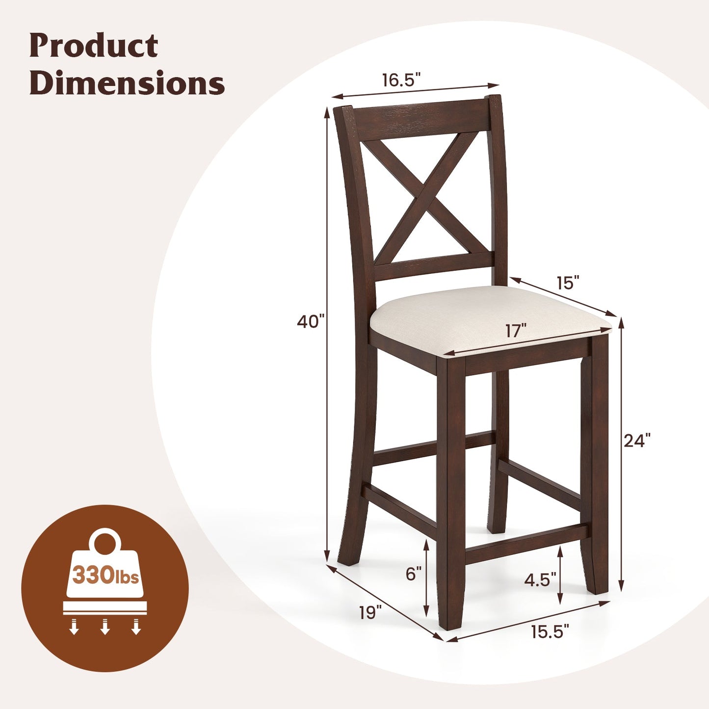 Modern Farmhouse Counter Height Stools with Footrest and Cushion-Walnut