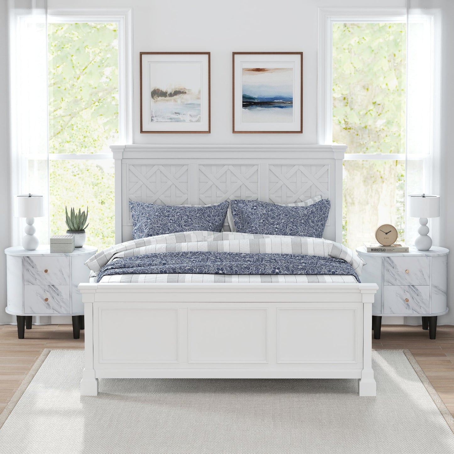 Mesita de noche de 2 cajones moderna de mármol sintético con almacenamiento - Blanco