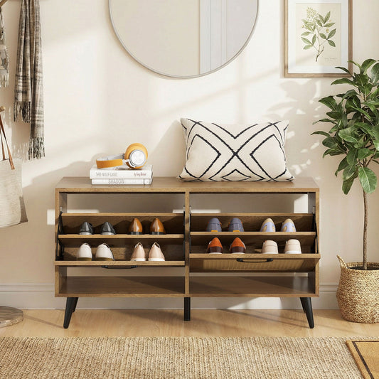 Modern Freestanding Shoe Cabinet with 2 Flip Drawers and Adjustable Shelves for Entryway-Natural