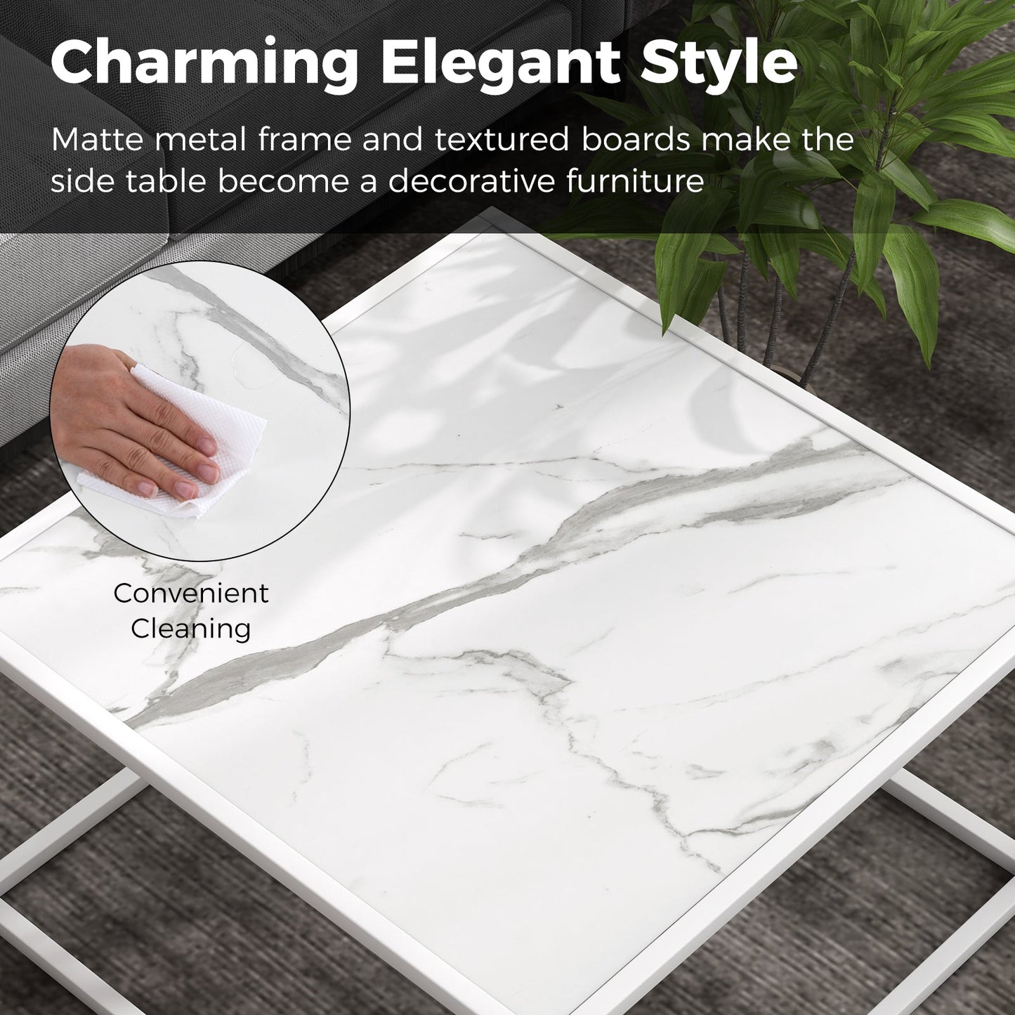Modern Glass Square Coffee Table with Metal Frame for Living Room-White
