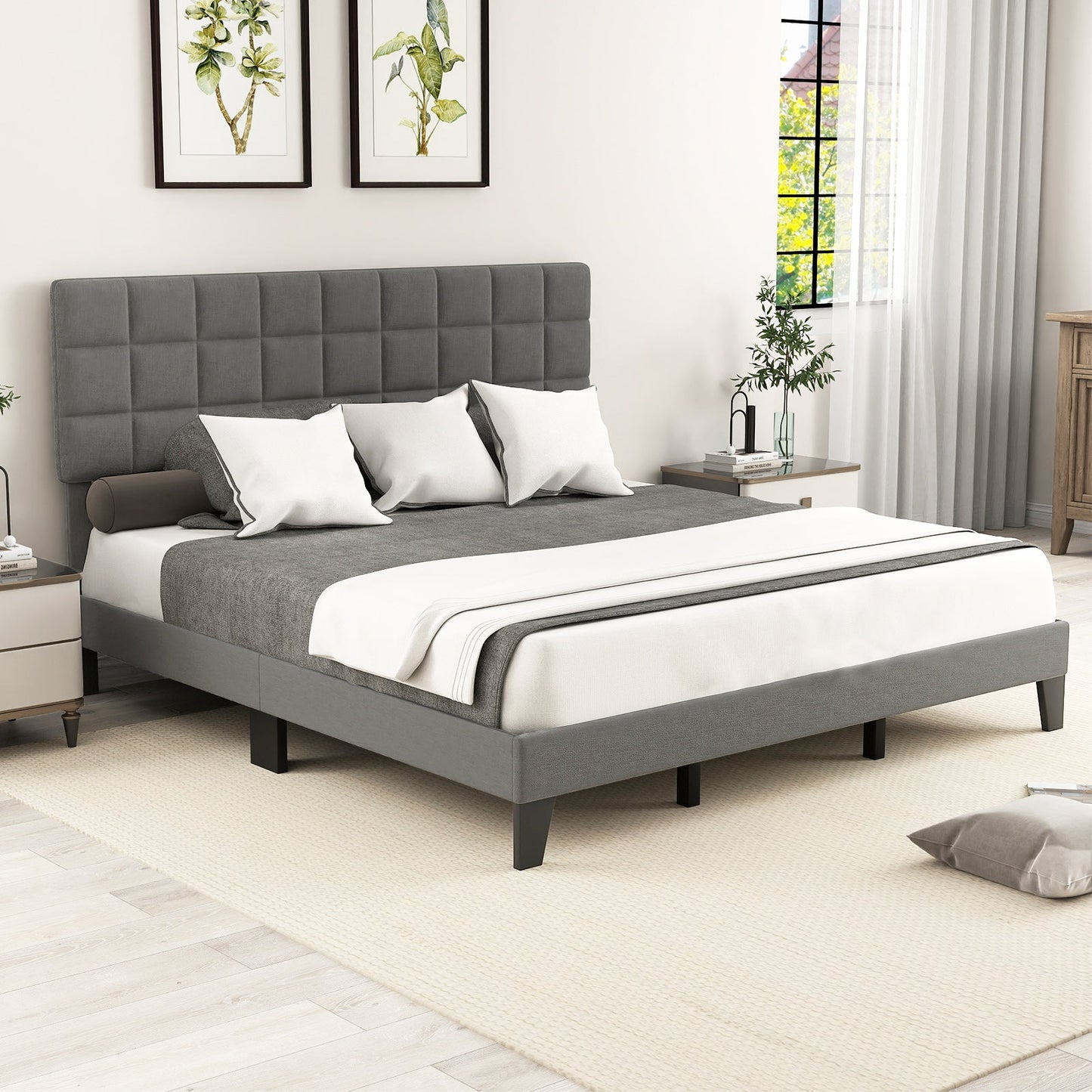 Base de cama moderna King Size de lino con cabecera ajustable - Gris