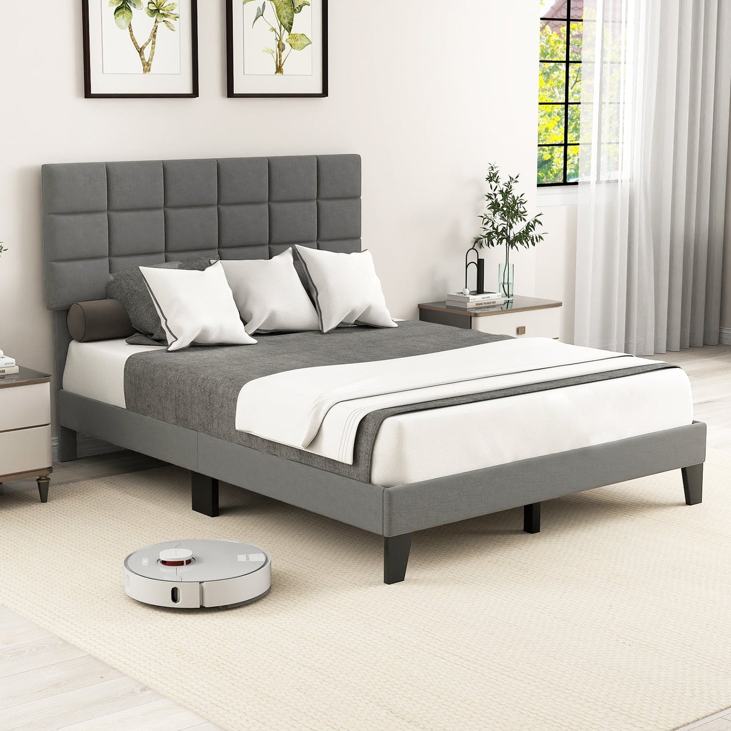 Estructura de cama moderna de lino tamaño queen con cabecero ajustable - Gris