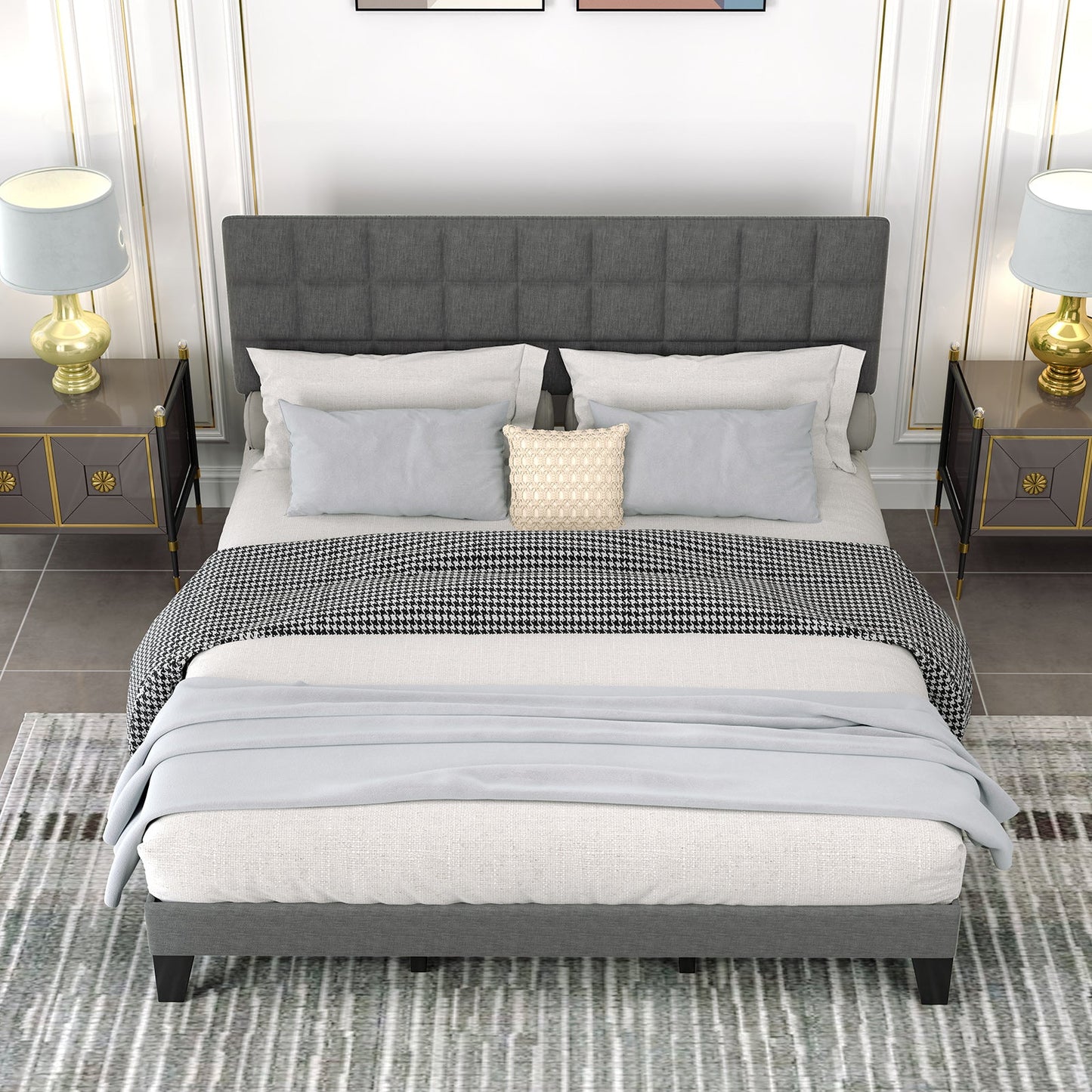 Base de cama moderna King Size de lino con cabecera ajustable - Gris