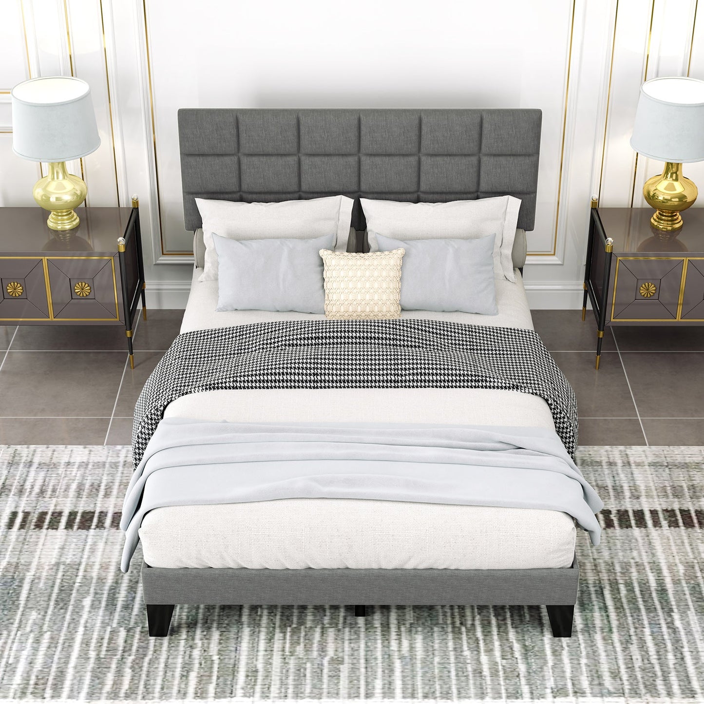 Estructura de cama moderna de lino tamaño queen con cabecero ajustable - Gris