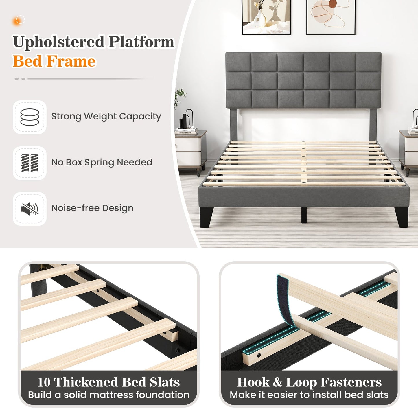 Estructura de cama moderna de lino tamaño queen con cabecero ajustable - Gris