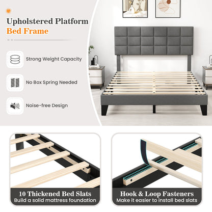 Estructura de cama moderna de lino tamaño queen con cabecero ajustable - Gris