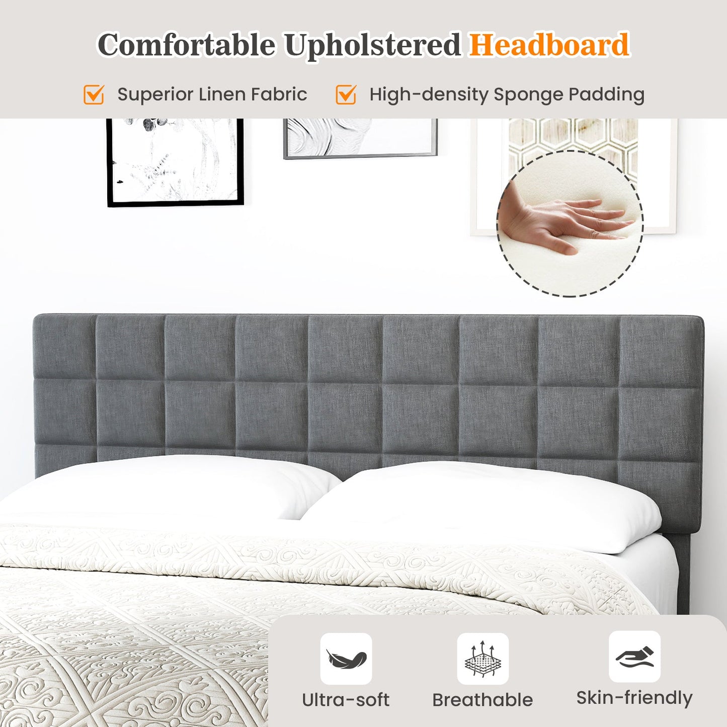 Base de cama moderna King Size de lino con cabecera ajustable - Gris