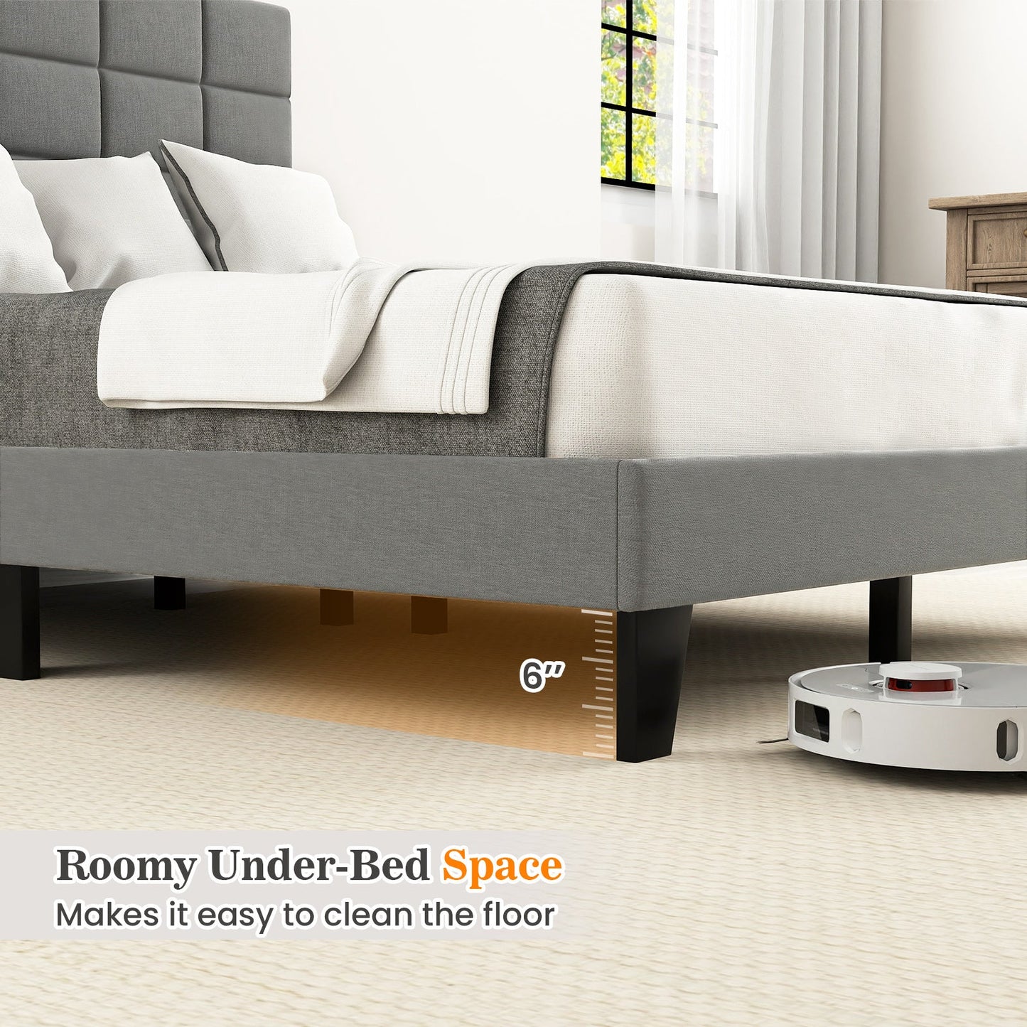Estructura de cama moderna de lino tamaño queen con cabecero ajustable - Gris