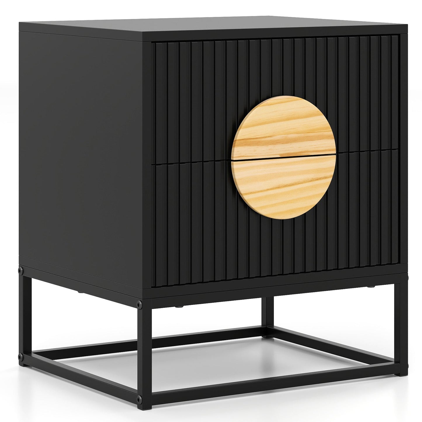 Modern Mid Century Fluted Nightstand with 2 Drawers and Pine Wood Handles for Bedroom