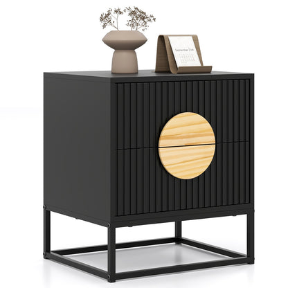 Modern Mid Century Fluted Nightstand with 2 Drawers and Pine Wood Handles for Bedroom