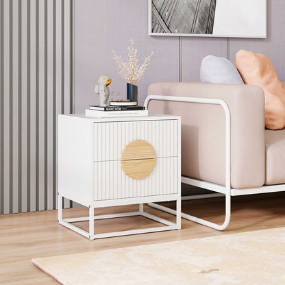 Modern Mid Century Fluted Nightstand with 2 Drawers and Pine Wood Handles for Bedroom