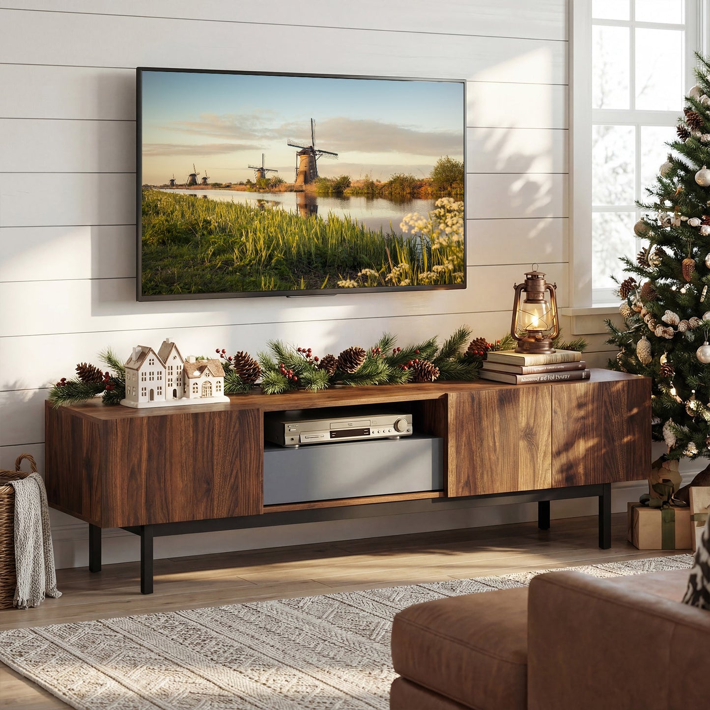 Modern Mid Century TV Cabinetfor TVs up to 82" with Drawer-Walnut