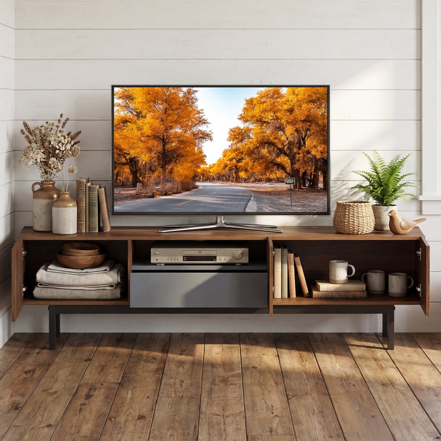 Modern Mid Century TV Cabinetfor TVs up to 82" with Drawer-Walnut