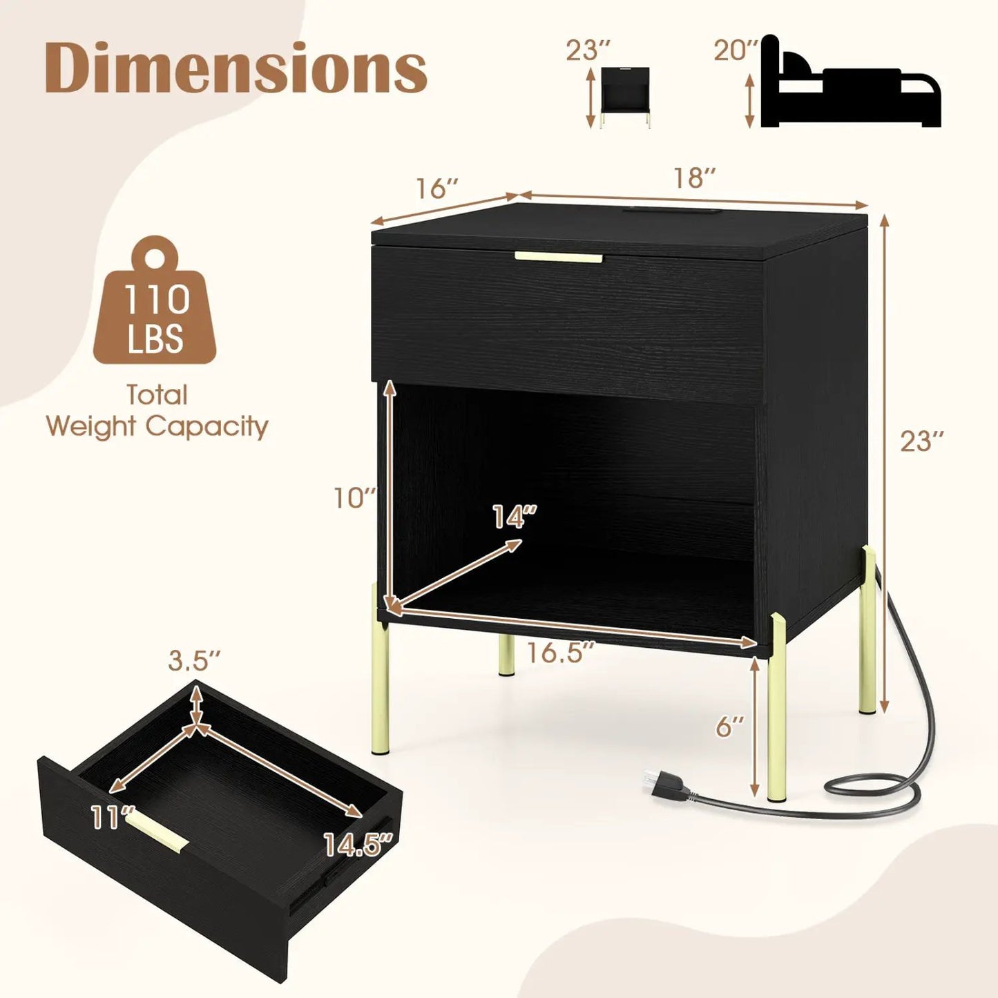 Nightstand with Charging Station and Drawer