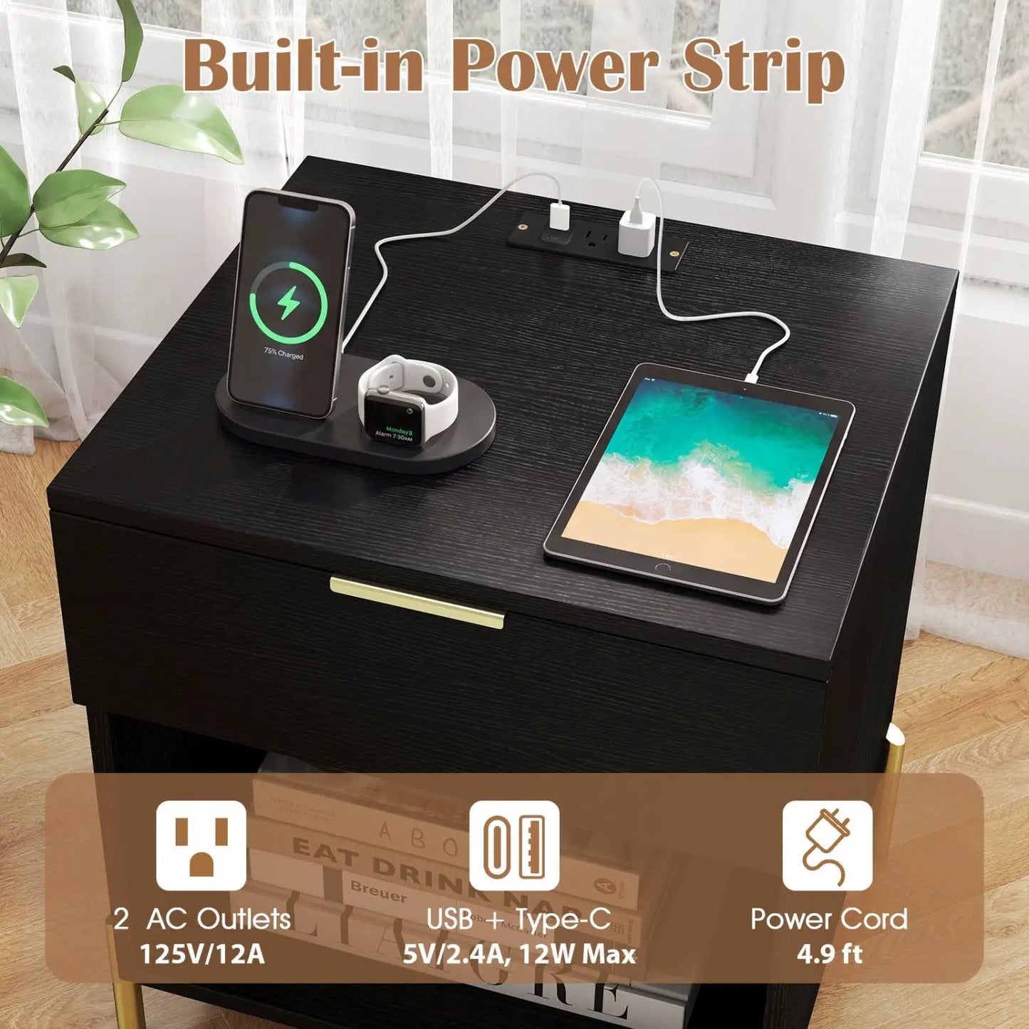 Nightstand with Charging Station and Drawer