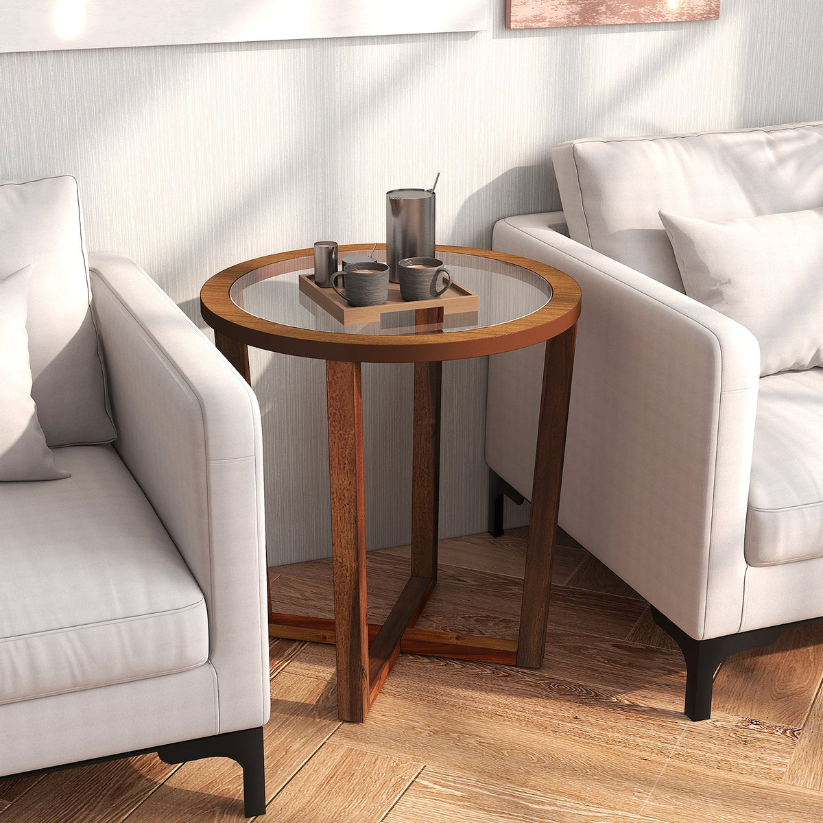 DirectDeals modern round end table with transparent tempered glass top and brown wood base on Tampa Home & Garden Store