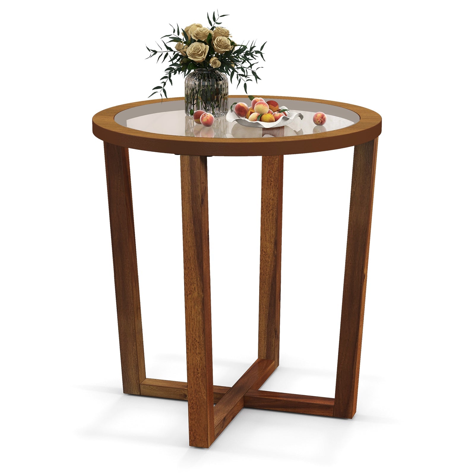 Modern round end table with brown wood frame and transparent glass top with vase and fruit bowl on Tampa Home & Garden Store