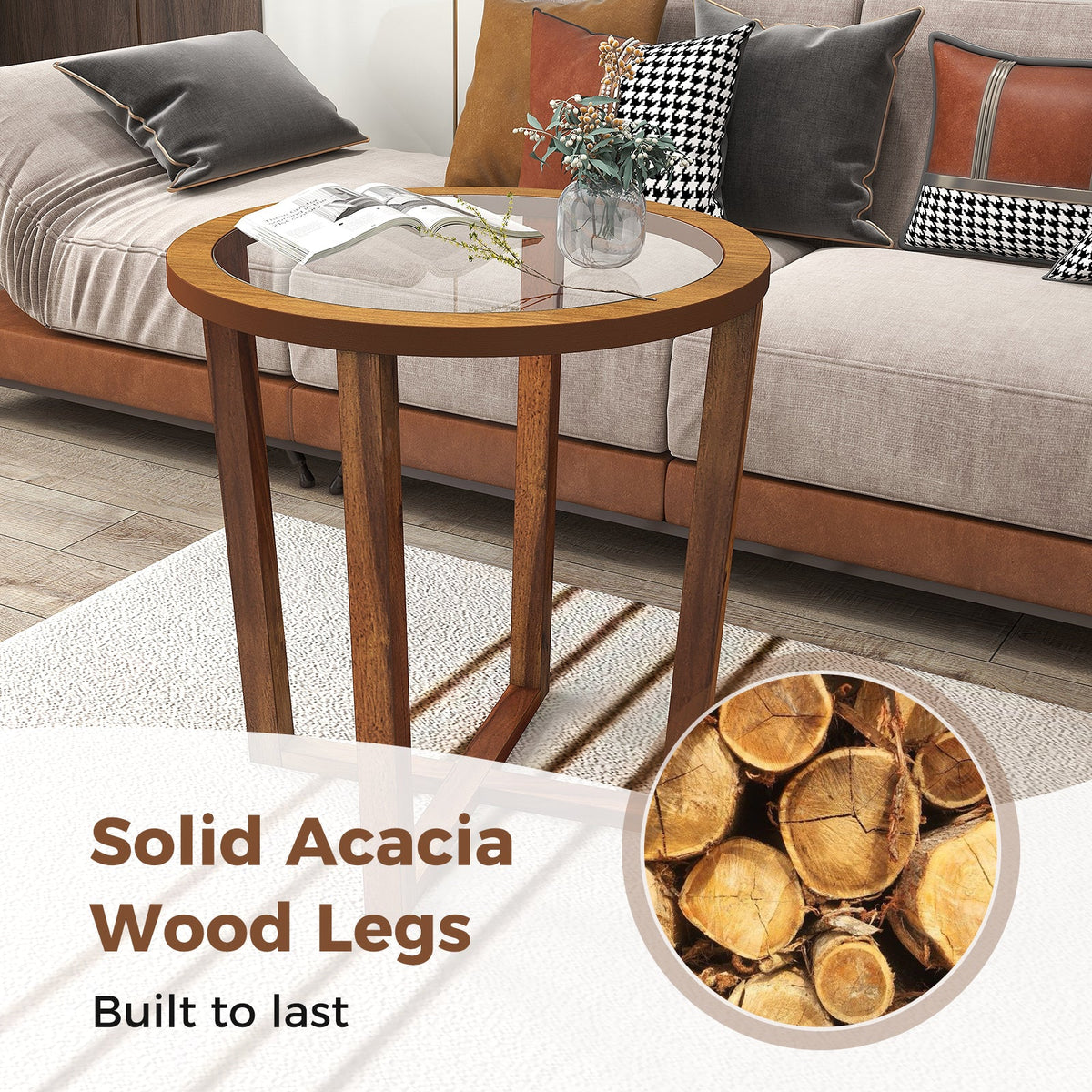 Modern round end table with transparent tempered glass top and brown solid acacia wood legs on Tampa Home & Garden Store