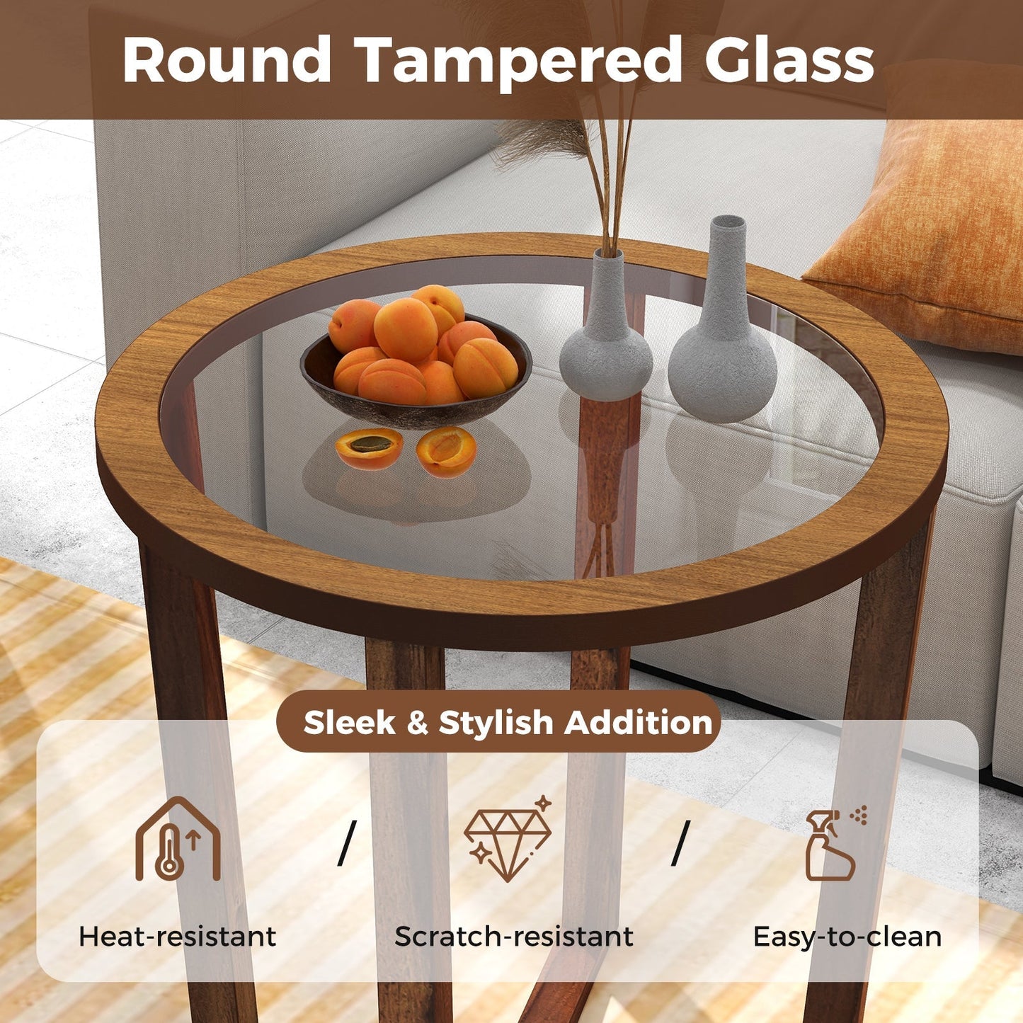 Round end table with brown wood frame and tempered glass top on Tampa Home & Garden Store
