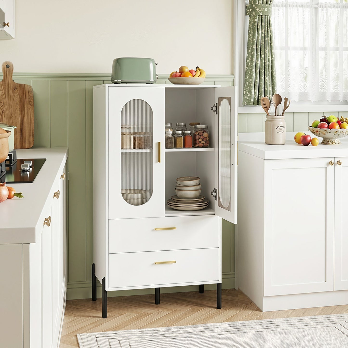 Modern White Sideboard Buffet Cabinet with Fluted Doors glass black metal legs on Tampa Home & Garden Store
