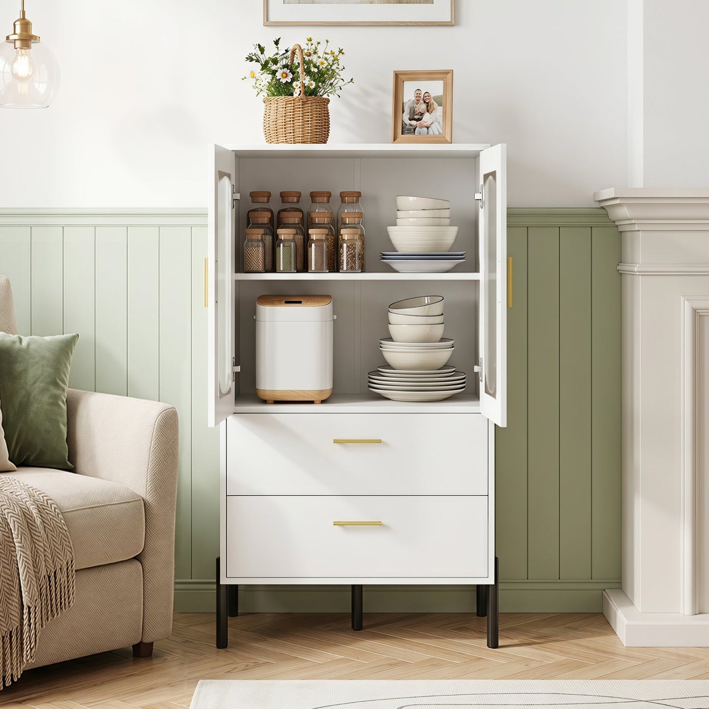 Modern white sideboard with fluted doors and shelves for bowls and jars; basket and photo frame on Tampa Home & Garden Store