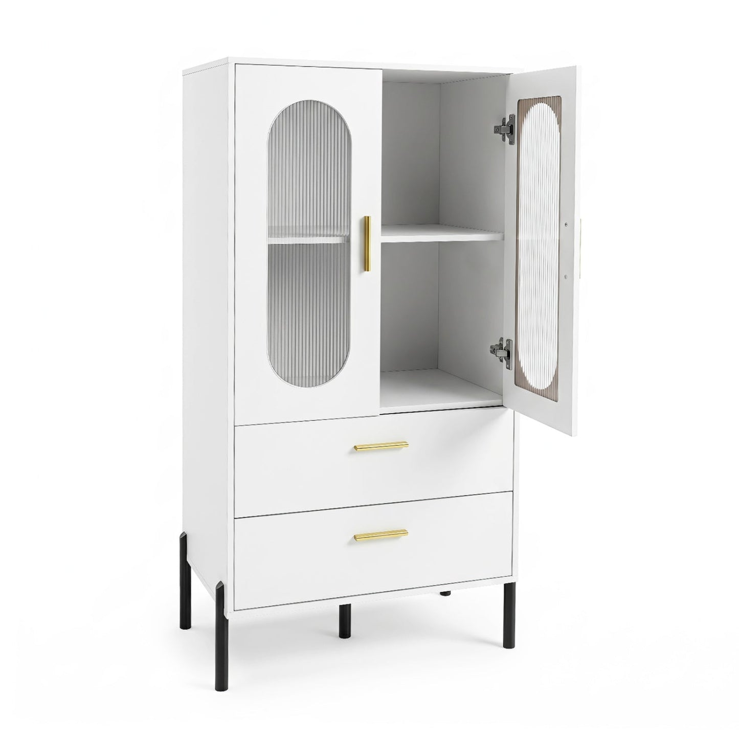 Modern sideboard buffet cabinet with fluted doors, white finish, gold hardware, black legs on Tampa Home & Garden Store