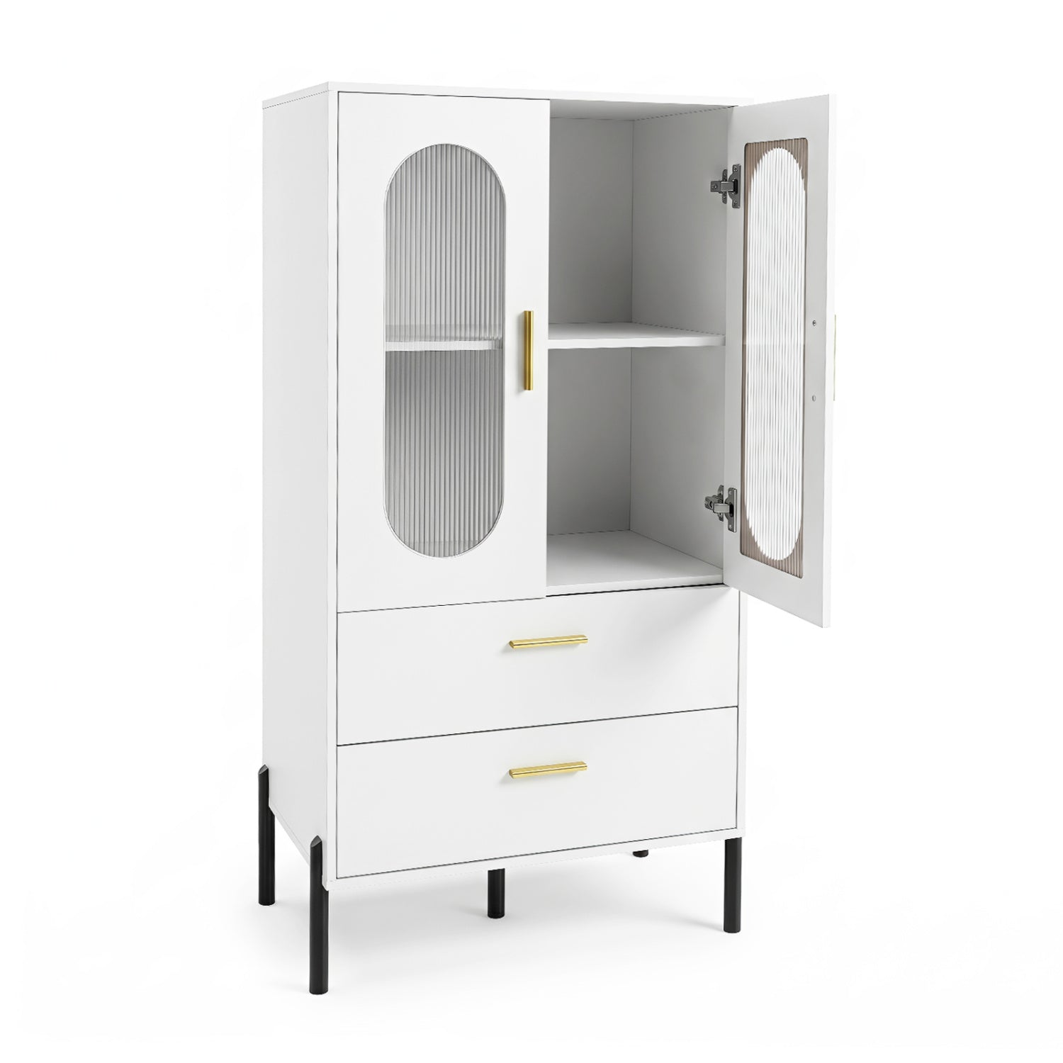 Modern sideboard buffet cabinet with fluted doors, white finish, gold hardware, black legs on Tampa Home & Garden Store