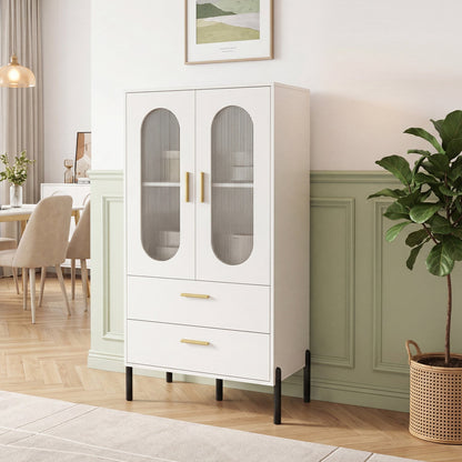 Modern Sideboard Buffet Cabinet with Fluted Glass Doors, white finish, gold handles, DirectDeals on Tampa Home & Garden Store