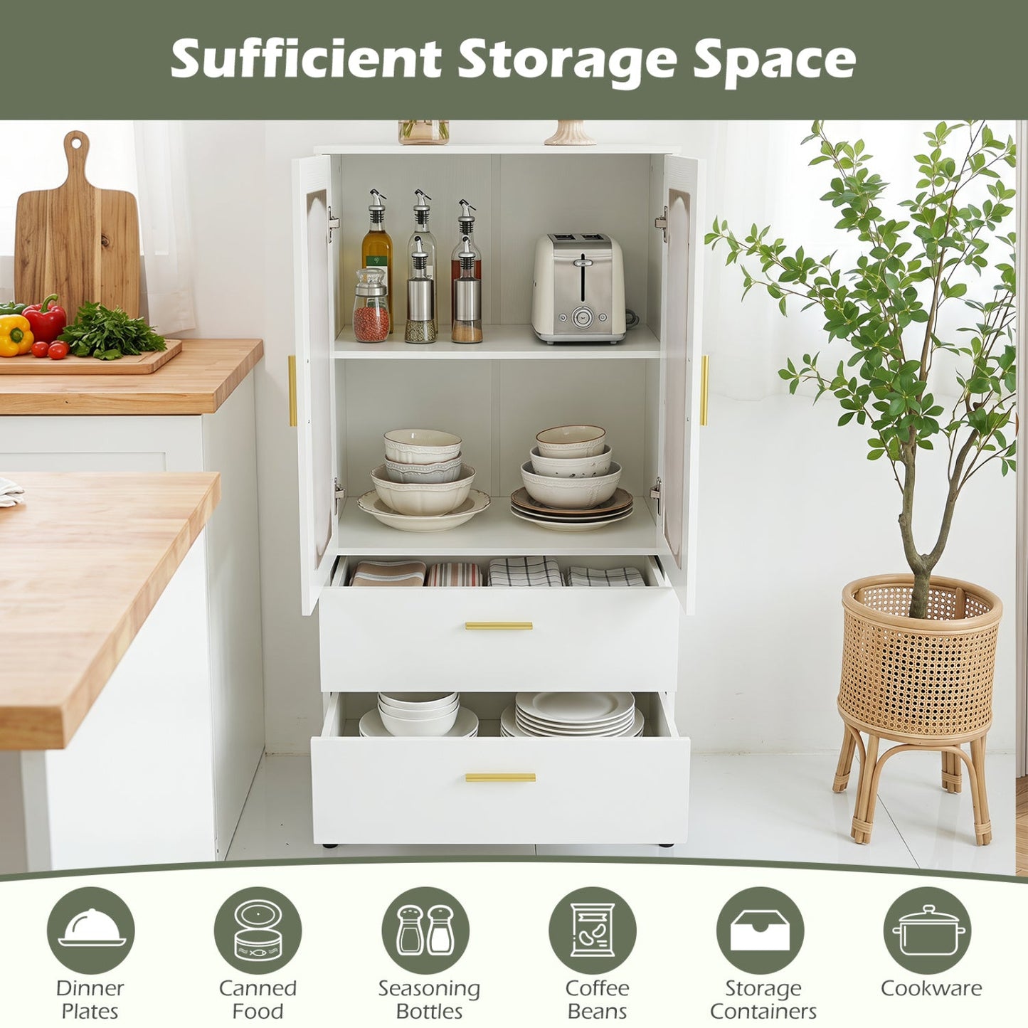 White Sideboard Buffet Cabinet with Fluted Doors open shelves with bottles toaster on Tampa Home & Garden Store
