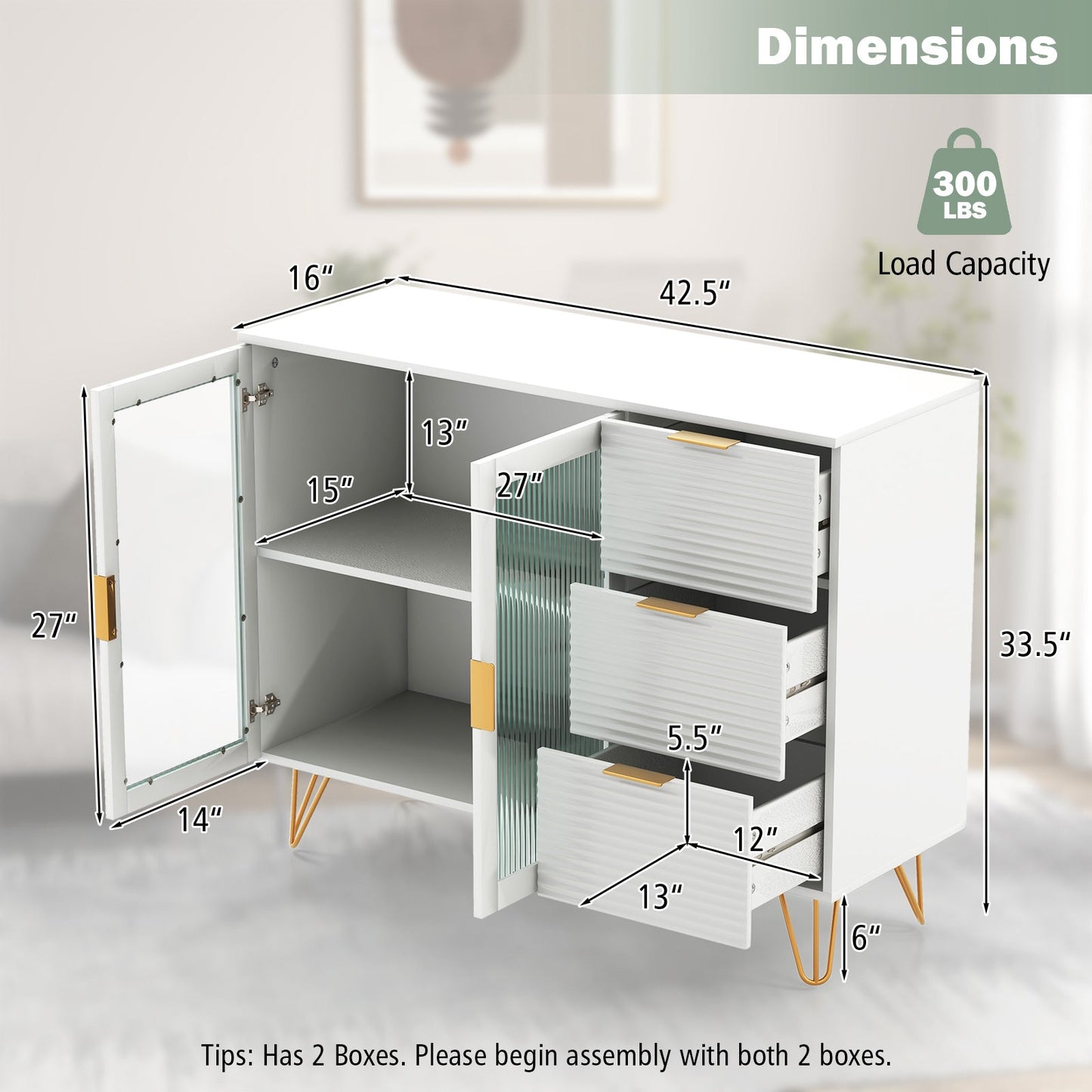 Aparador moderno con 2 puertas y 3 cajones para sala de estar o comedor - Blanco