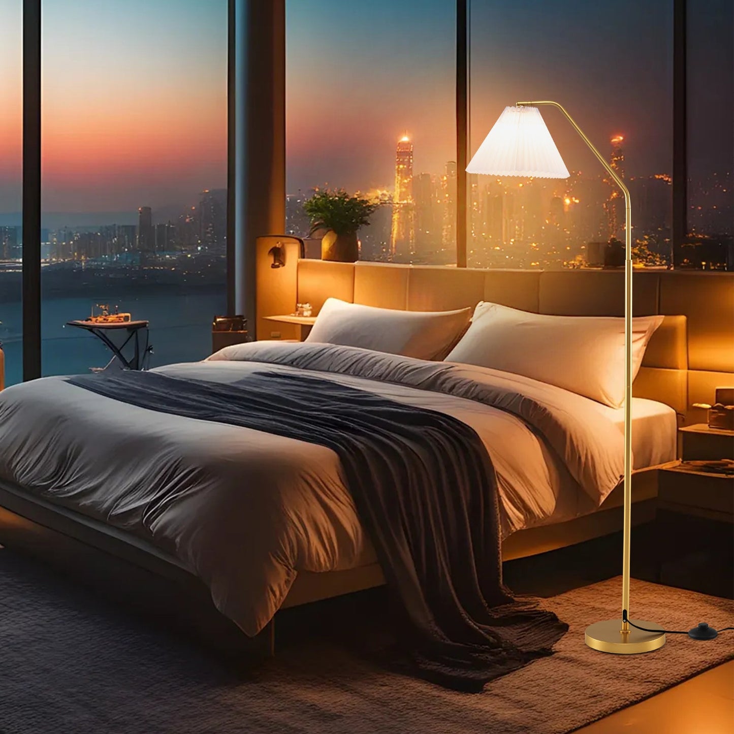 Modern Standing Lamp with Adjustable Lamp Head and Pleated Lampshade