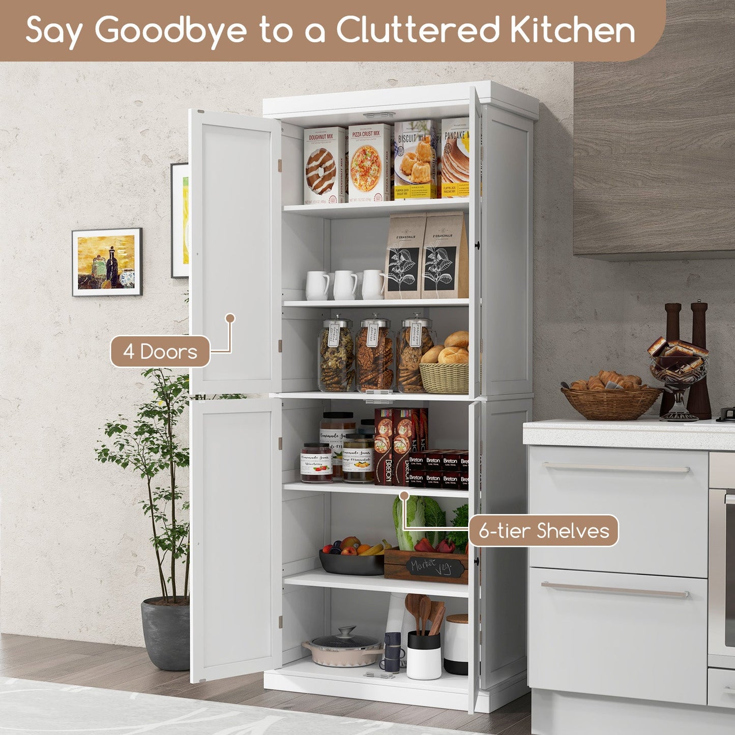 72.5 Inches Tall Buffet Cabinet with 6-Tier Shelves and 4 Doors