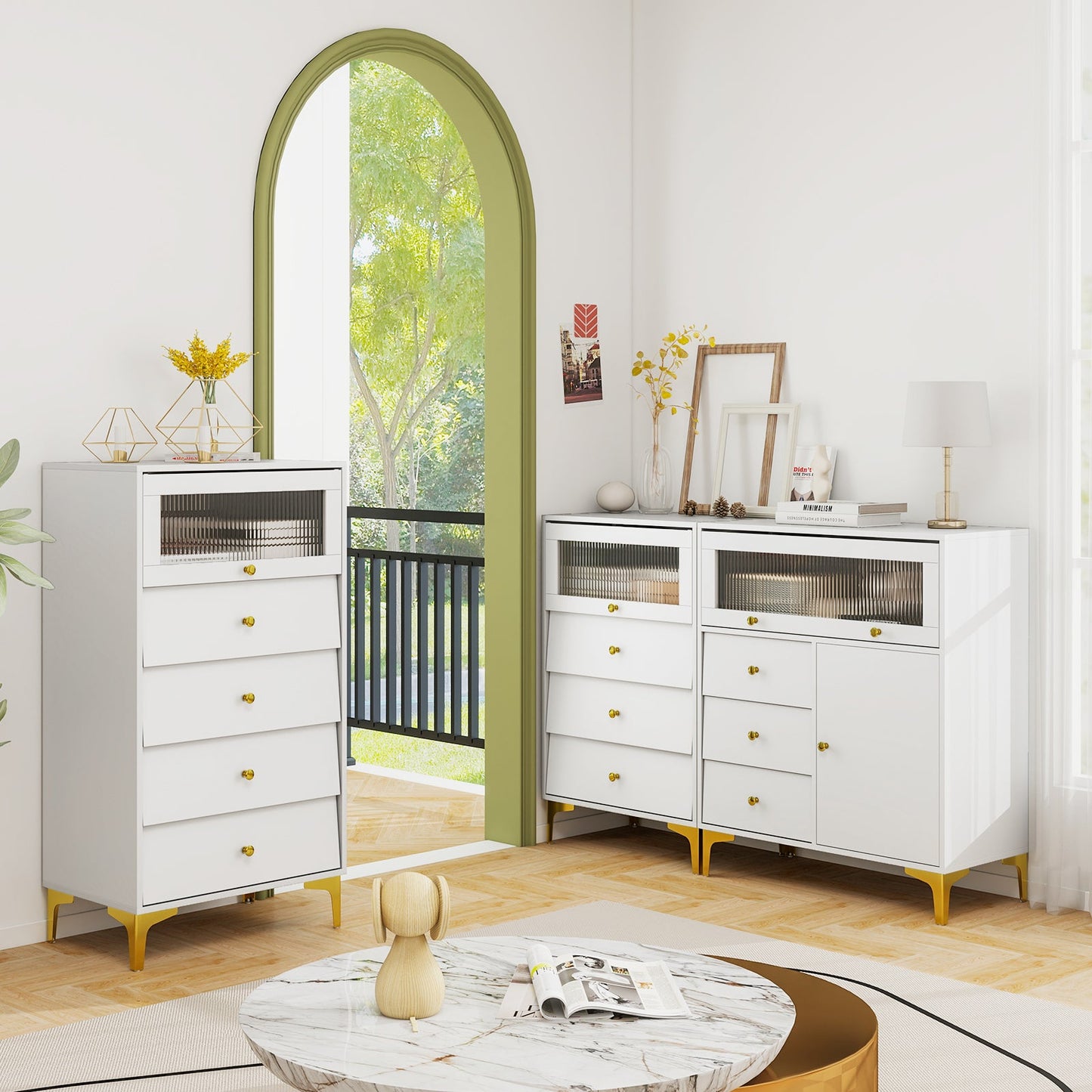 Cómoda con puerta de cristal estriado abatible para dormitorio o cocina - Gris