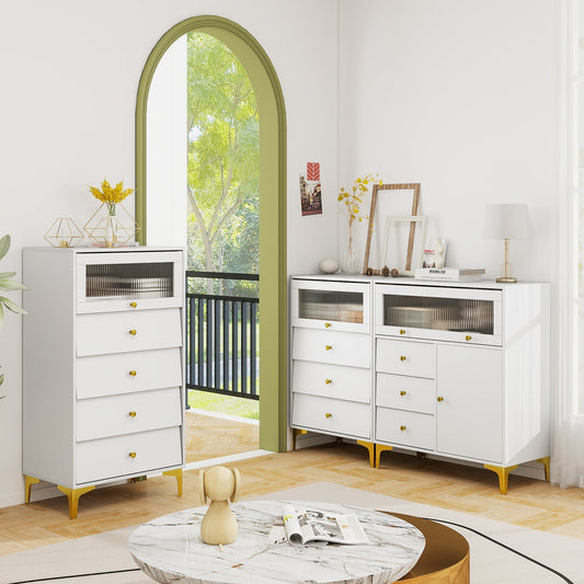 Cómoda con puerta de cristal estriado abatible para dormitorio o cocina - Gris