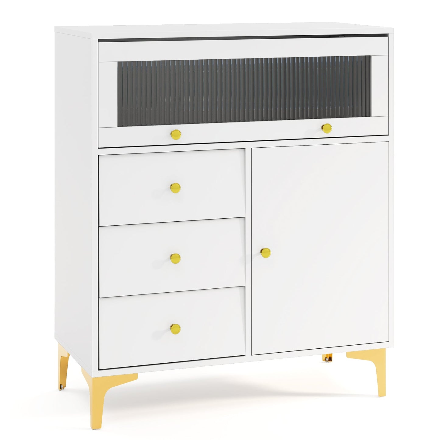 Cómoda con puerta de cristal estriado abatible para dormitorio o cocina - Gris
