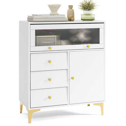 Cómoda con puerta de cristal estriado abatible para dormitorio o cocina - Gris