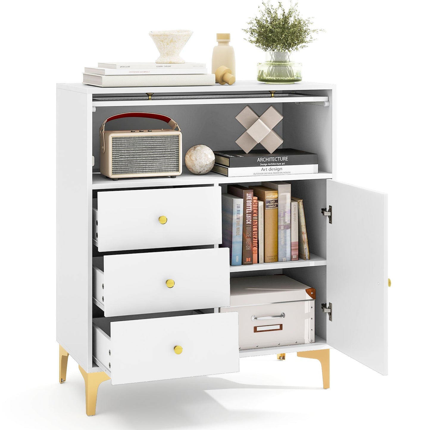 Cómoda con puerta de cristal estriado abatible para dormitorio o cocina - Gris