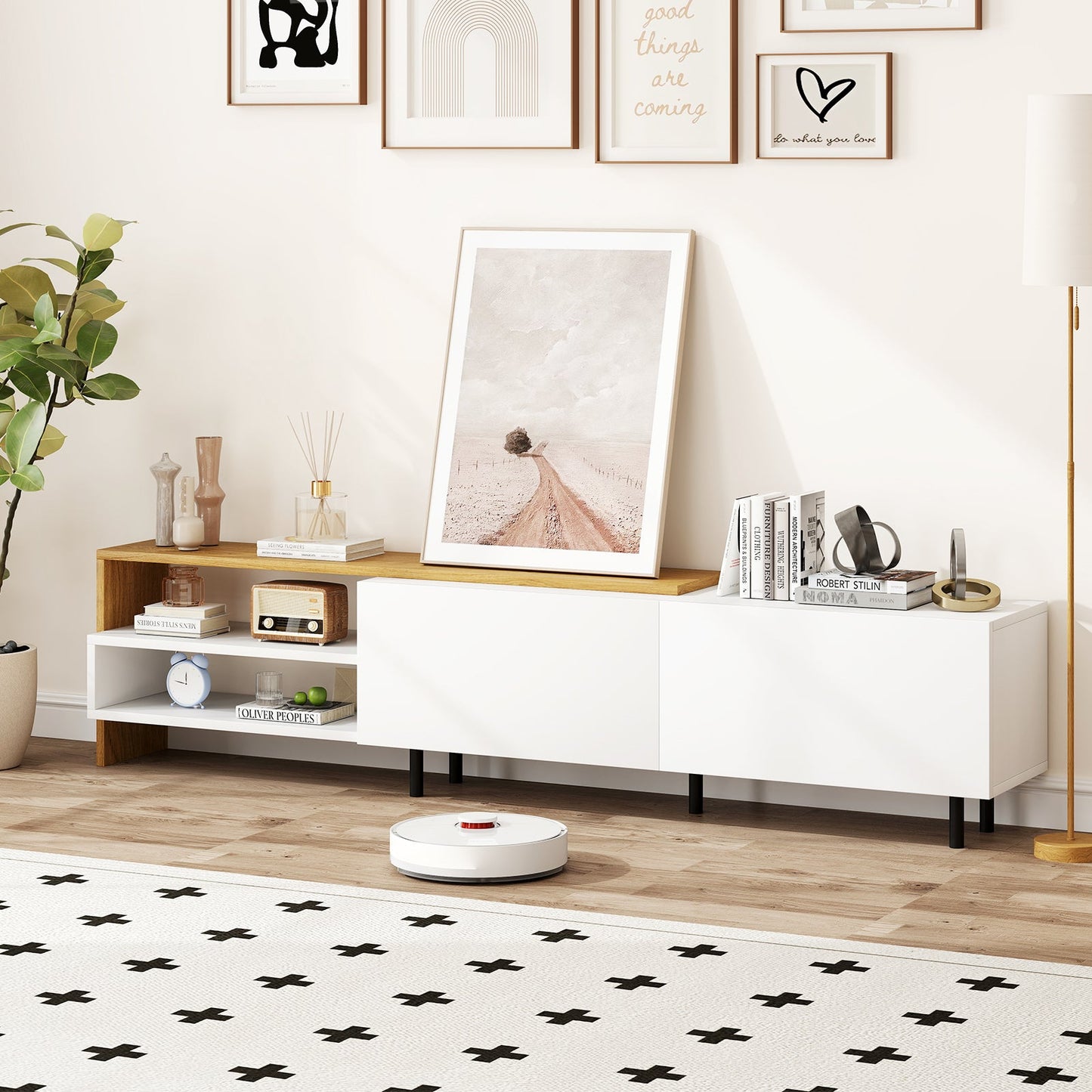 Modern TV Stand for 80 Inches TVs with Storage Shelves and Cabinets-White