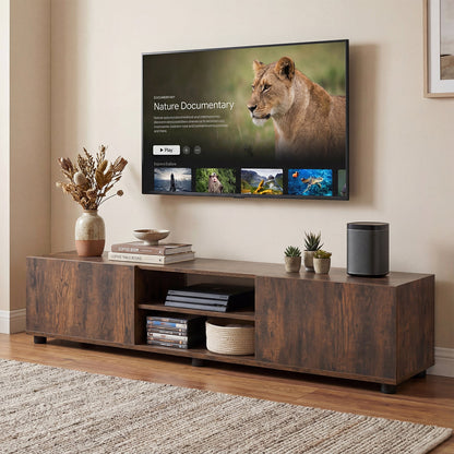 Modern TV Stand for up to 70" TVs Minimalist Entertainment Center with 2 Doors and Open Shelves-Rustic Brown