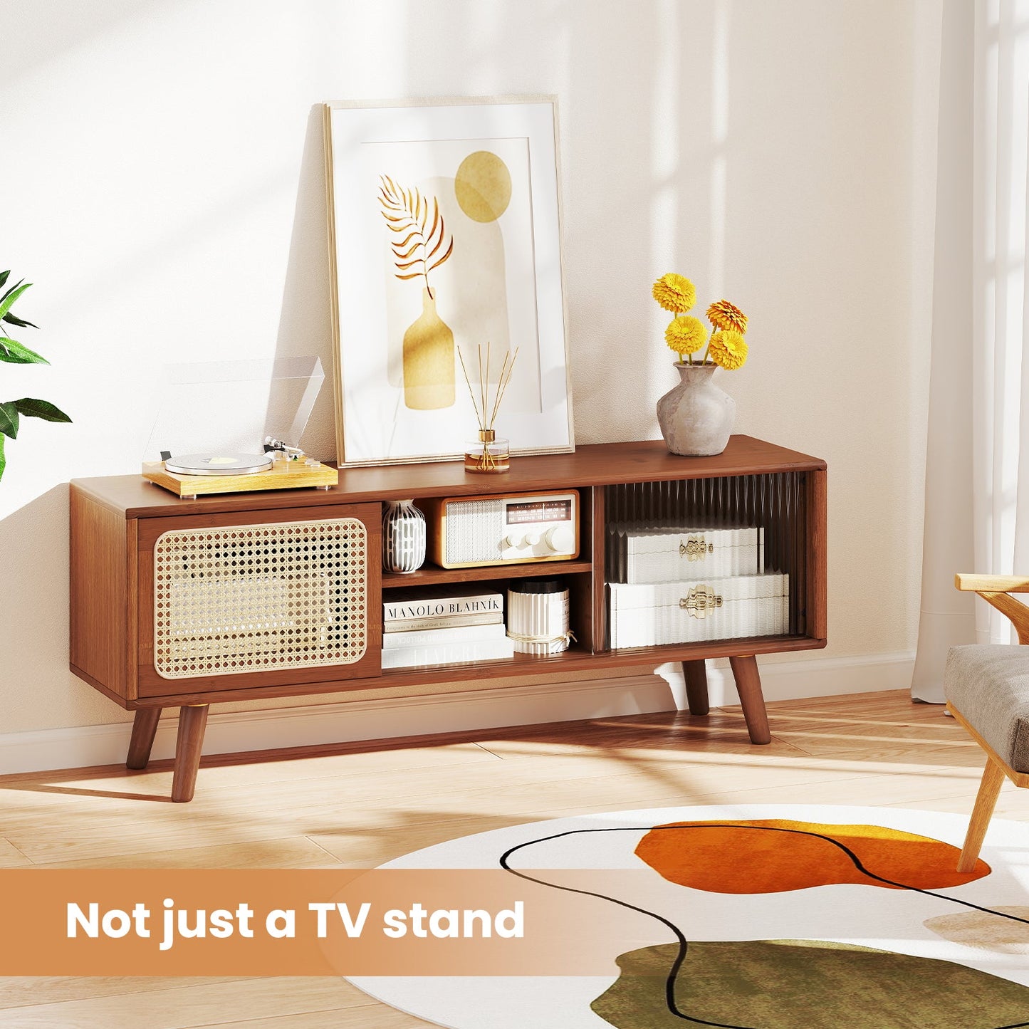 Mueble de TV Moderno con Puertas Correderas de Cristal Rattan-Marrón