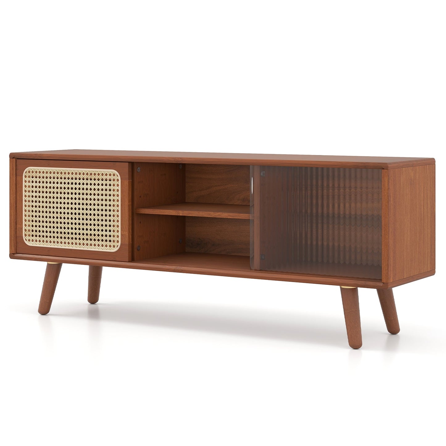 Mueble de TV Moderno con Puertas Correderas de Cristal Rattan-Marrón