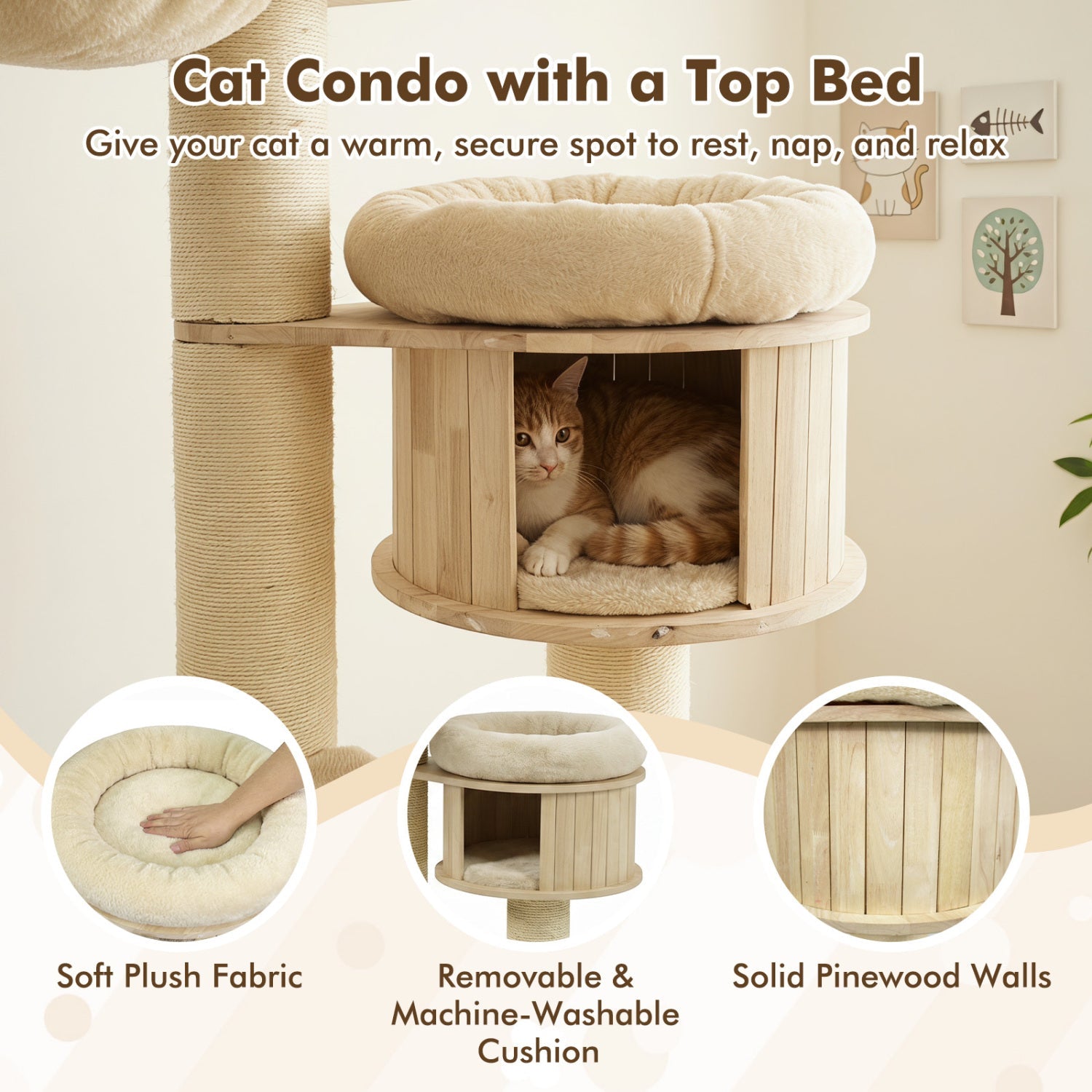 75.5in Cat Tree with sisal posts, plush beige top cushion and cat in cozy cushioned hollow on Tampa Home & Garden Store